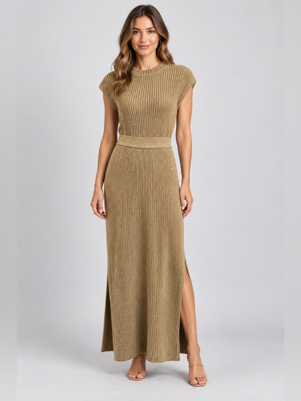 MABLE Solid Beige Tan Knit Maxi Sweater Dress Belted Side Slits Sleeveless Small